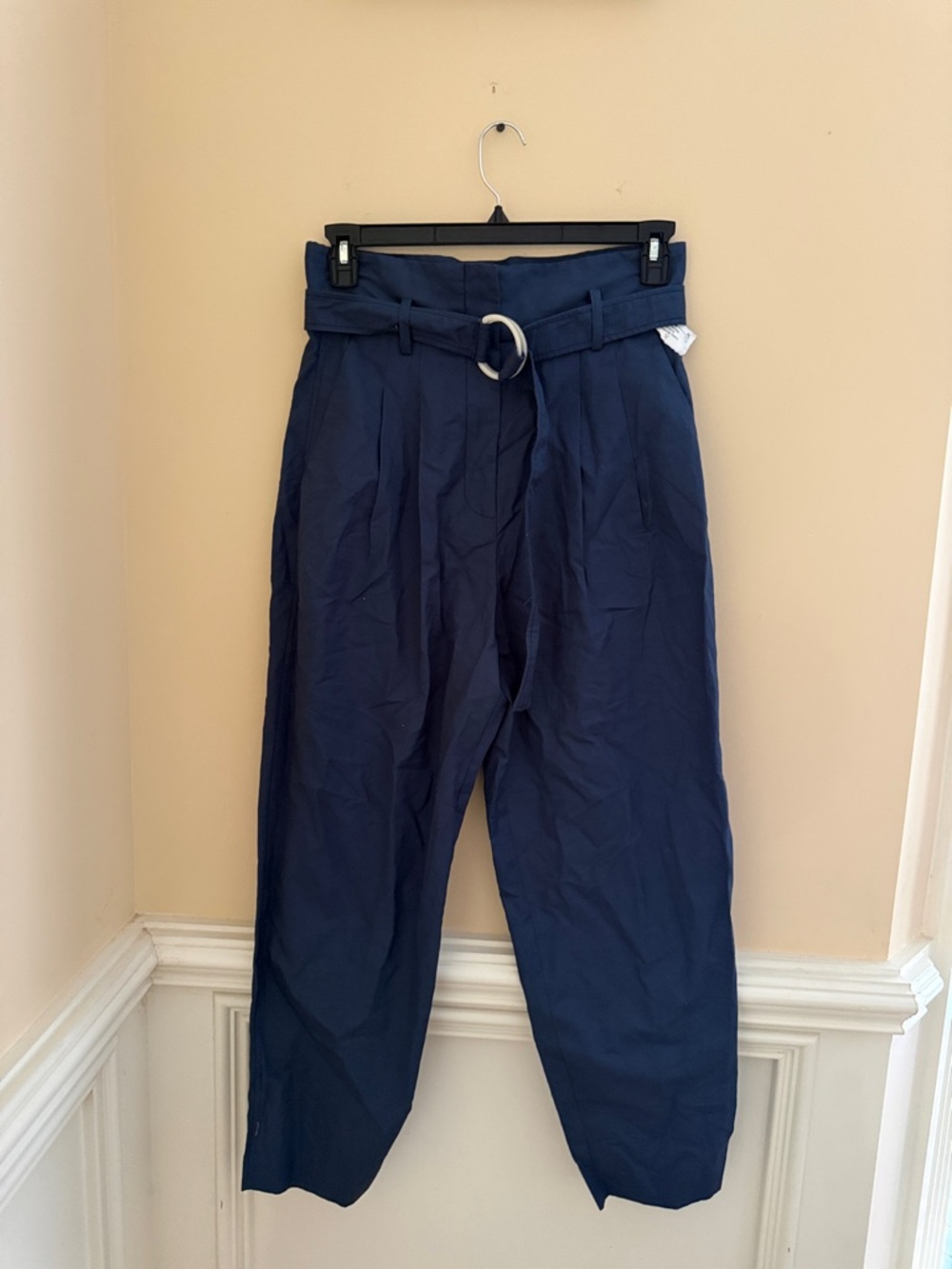 MNG Mango High-Rise Belted Pleated Ankle Pants, Navy - Sz 8
